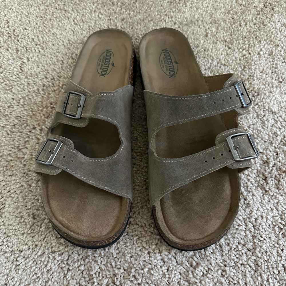 Woodstock Bert Slide Sandals Mens 13 Taupe Brown Leather Double Buckle Strap